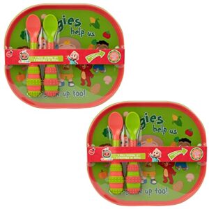 The First Years CoComelon Toddler Dinnerware Set - Plastic Dinnerware Set and Toddler Utensils - 2 Reversible Baby Plates and 4 Textured Baby Spoons