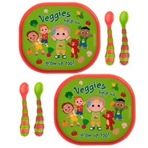 the first years cocomelon toddler dinnerware set - plastic dinnerware set and toddler utensils - 2 reversible baby plates and 4 textured baby spoons