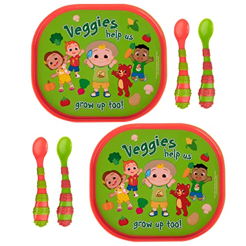 The First Years CoComelon Toddler Dinnerware Set - Plastic Dinnerware Set and Toddler Utensils - 2 Reversible Baby Plates and 4 Textured Baby Spoons