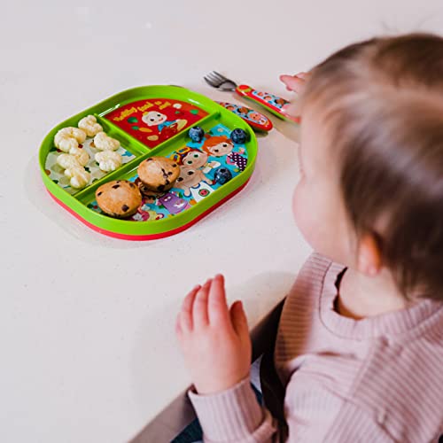 The First Years CoComelon Toddler Dinnerware Set - Plastic Dinnerware Set and Toddler Utensils - 2 Reversible Baby Plates and 4 Textured Baby Spoons