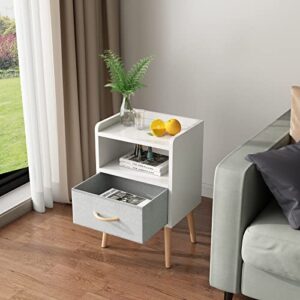 LUCKNOCK NightStand with Fabric Drawer, Bedside Table with Solid Wood Legs, Minimalist and Practical End Side Table with Open Storage Shelf for Bedroom, White.