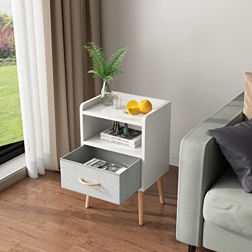 LUCKNOCK NightStand with Fabric Drawer, Bedside Table with Solid Wood Legs, Minimalist and Practical End Side Table with Open Storage Shelf for Bedroom, White.