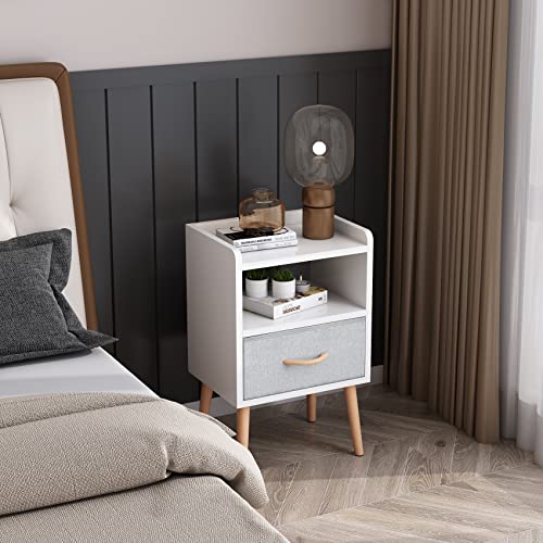 LUCKNOCK NightStand with Fabric Drawer, Bedside Table with Solid Wood Legs, Minimalist and Practical End Side Table with Open Storage Shelf for Bedroom, White.