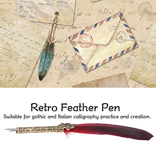 Pssopp Retro Style Quill Pen Set,Antique Calligraphy Dip Pen with Black Ink High Smoothness Elegant Colors European Retro Style Feather Pen Friends Teachers Red