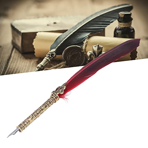 Pssopp Retro Style Quill Pen Set,Antique Calligraphy Dip Pen with Black Ink High Smoothness Elegant Colors European Retro Style Feather Pen Friends Teachers Red