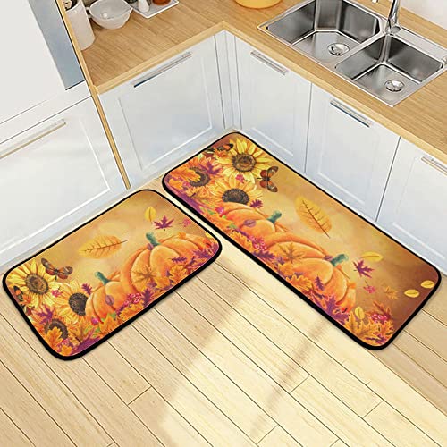 Sunflower Pumpkin Kitchen Rugs 2 Pieces, Maple Leaves Floor Mat Room Area Rug Washable Carpet Perfect for Living Room Bedroom Entryway