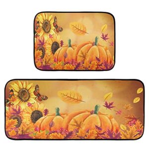 Sunflower Pumpkin Kitchen Rugs 2 Pieces, Maple Leaves Floor Mat Room Area Rug Washable Carpet Perfect for Living Room Bedroom Entryway