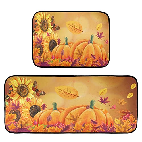 Sunflower Pumpkin Kitchen Rugs 2 Pieces, Maple Leaves Floor Mat Room Area Rug Washable Carpet Perfect for Living Room Bedroom Entryway