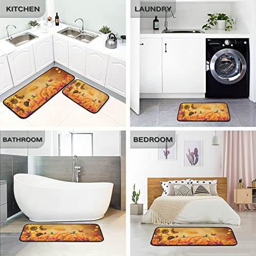 Sunflower Pumpkin Kitchen Rugs 2 Pieces, Maple Leaves Floor Mat Room Area Rug Washable Carpet Perfect for Living Room Bedroom Entryway