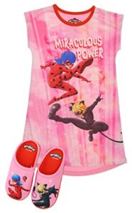 miraculous ladybug pajamas for girls nightgown and slipper set, short sleeve dorm shirt, red/pink, size 6/6x