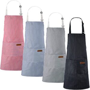 handepo 4 pieces cooking kitchen aprons unisex soft chef kitchen aprons with pockets cotton polyester blend adjustable bib aprons for women men, crafting bbq, black, blue, pink, grey stripes
