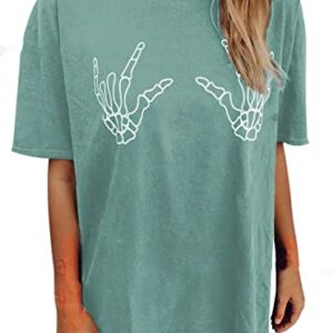 Avanova Women's Skull Graphic Print Oversized Tee Short Sleeve Casual Summer Loose T Shirt A Green Large