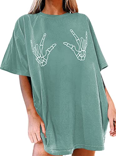 Avanova Women's Skull Graphic Print Oversized Tee Short Sleeve Casual Summer Loose T Shirt A Green Large