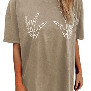 Avanova Women's Skull Graphic Print Oversized Tee Short Sleeve Casual Summer Loose T Shirt A Khaki Medium