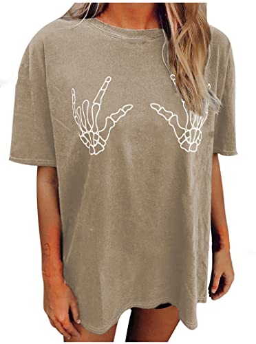 Avanova Women's Skull Graphic Print Oversized Tee Short Sleeve Casual Summer Loose T Shirt A Khaki Medium