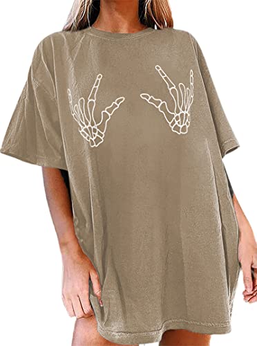 Avanova Women's Skull Graphic Print Oversized Tee Short Sleeve Casual Summer Loose T Shirt A Khaki Medium