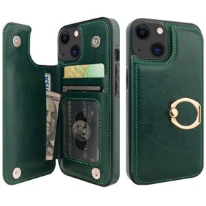 onetop for iphone 13 wallet case with card holder, 360° rotation ring kickstand rfid blocking pu leather double magnetic clasp shockproof cover for women and girls 6.1 inch (green)