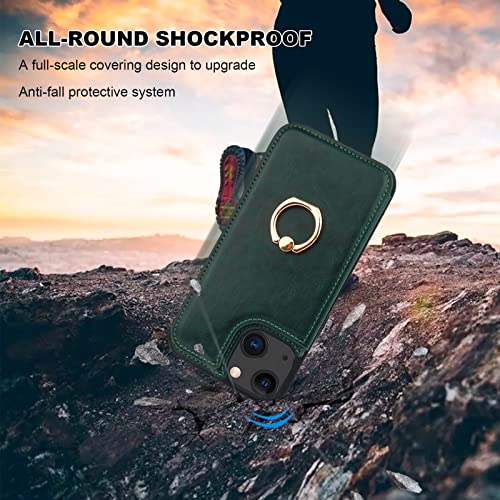 Onetop for iPhone 13 Wallet Case with Card Holder, 360° Rotation Ring Kickstand RFID Blocking PU Leather Double Magnetic Clasp Shockproof Cover for Women and Girls 6.1 Inch (Green)