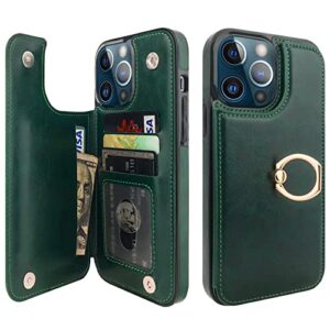 onetop for iphone 13 pro max wallet case with card holder, 360° rotation ring kickstand rfid blocking pu leather double magnetic clasp shockproof cover for women and girls 6.7 inch (green)