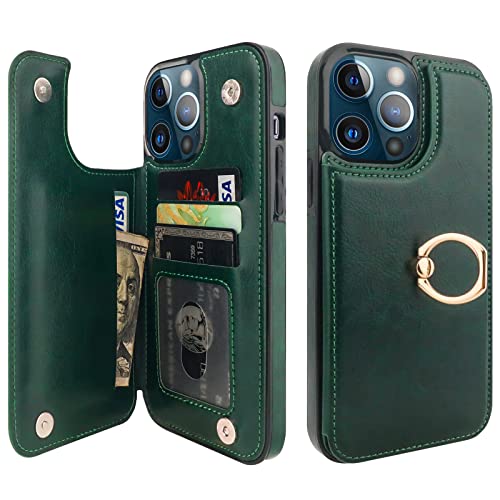 Onetop for iPhone 13 Pro Max Wallet Case with Card Holder, 360° Rotation Ring Kickstand RFID Blocking PU Leather Double Magnetic Clasp Shockproof Cover for Women and Girls 6.7 Inch (Green)