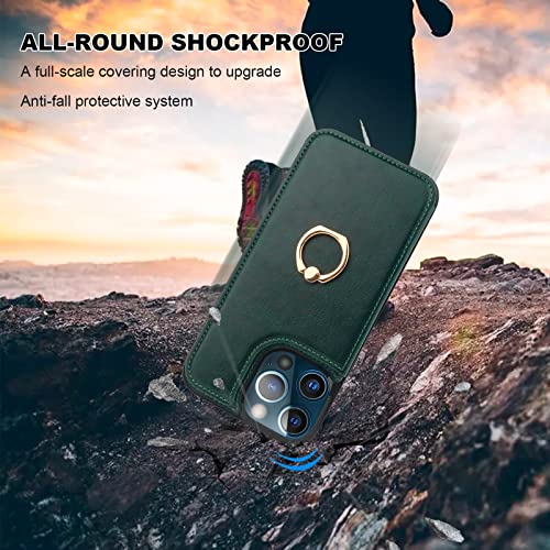 Onetop for iPhone 13 Pro Max Wallet Case with Card Holder, 360° Rotation Ring Kickstand RFID Blocking PU Leather Double Magnetic Clasp Shockproof Cover for Women and Girls 6.7 Inch (Green)