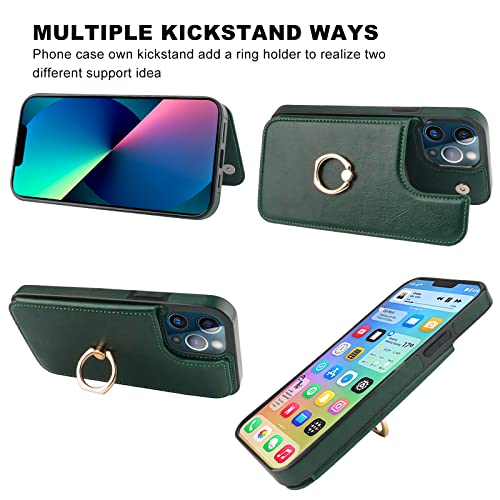 Onetop for iPhone 13 Pro Max Wallet Case with Card Holder, 360° Rotation Ring Kickstand RFID Blocking PU Leather Double Magnetic Clasp Shockproof Cover for Women and Girls 6.7 Inch (Green)