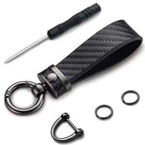 osifit carbon fiber style car keychain, universal detachable leather keychain, 360 degree rotatable with anti-lost d-ring