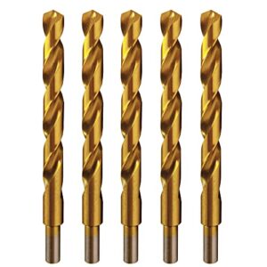 valyriantool titanium drill bit set 5pcs 1/2" hss jobber drill bits, premium 4341 high speed steel drill bits set with 3/8" reduced shank for drilling on mild steel, copper, aluminum (1/2"(5pcs))