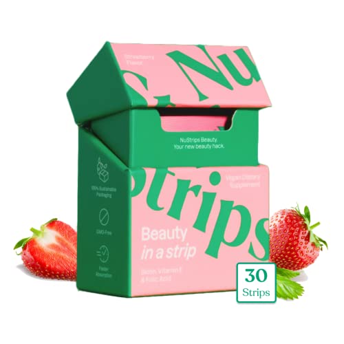 NuStrips Beauty in a Strip™ | Oral Strips with Biotin, Folate and Vitamin E | Maximum Absorption & Fast Results for Hair Skin & Nails | Vegan, 100% Natural | 30 Individually Wrapped Strips