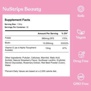 NuStrips Beauty in a Strip™ | Oral Strips with Biotin, Folate and Vitamin E | Maximum Absorption & Fast Results for Hair Skin & Nails | Vegan, 100% Natural | 30 Individually Wrapped Strips