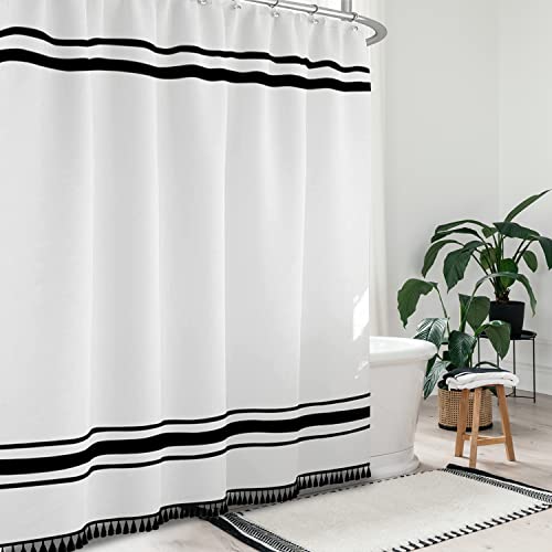 Seasonwood Black and White Shower Curtain Farmhouse Shower Curtain Striped Shower Curtain for Bathroom Sets Boho Shower Curtain with Tassels Modern Bathroom Curtains Decor Waterproof Fabric 72"x72"