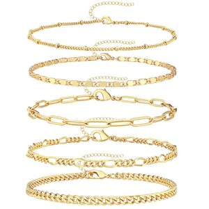 reoxvo gold bracelets jewelry gifts set for women fashion dainty gold adjustable layered link chain bracelet pack for women 14k real gold cute 5pcs