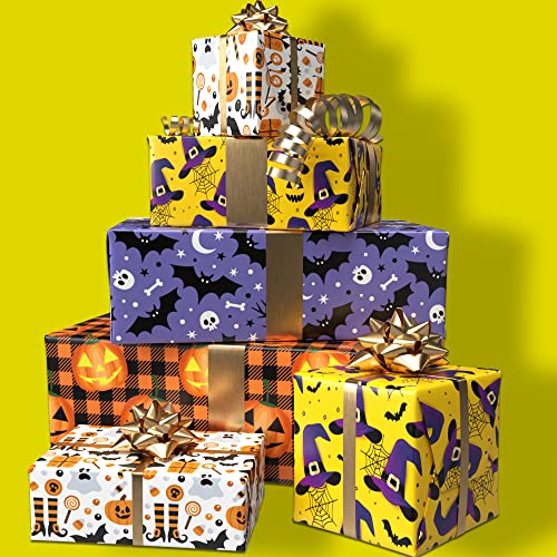 GIOLNIAY Halloween Wrapping Paper for Men Women Boys Girls Kids Baby - Holiday Gift Wrap Contain Jack-o'lantern, Witch Hat, Skulls, Black & Orange Plaids Design - 8 Sheets (20*29 Inch per Sheet), Recyclable, Easy to Store