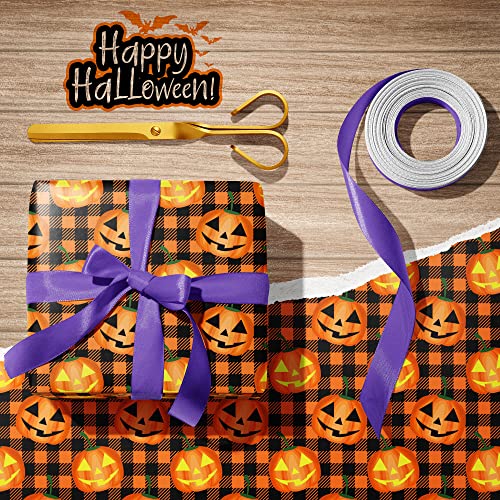 GIOLNIAY Halloween Wrapping Paper for Men Women Boys Girls Kids Baby - Holiday Gift Wrap Contain Jack-o'lantern, Witch Hat, Skulls, Black & Orange Plaids Design - 8 Sheets (20*29 Inch per Sheet), Recyclable, Easy to Store