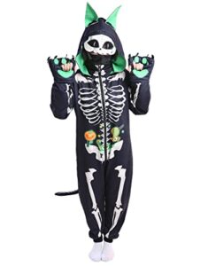 haikyuu halloween women skull cat onesie skeleton pajama cosplay costume loungewear hooded kigurumi jumpsuit homewear (large, cat green and black)
