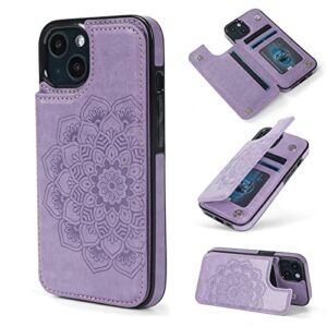 jaroie wallet case for iphone 13 with 3 card slots embossed mandala pattern flowers magnetic buttons flip faux leather cover shockproof 2021 6.1 inch (purple)