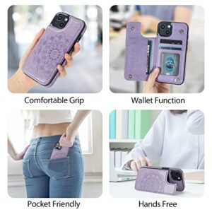 JAROIE Wallet Case for iPhone 13 with 3 Card Slots Embossed Mandala Pattern Flowers Magnetic Buttons Flip Faux Leather Cover Shockproof 2021 6.1 Inch (Purple)