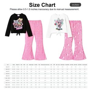 L.O.L. Surprise! Girls 2 Piece Outfits Tie Knot Long Sleeve Tee Top and Heart Pink Bell Bottom Flared Pants Set Black 5-6 Years
