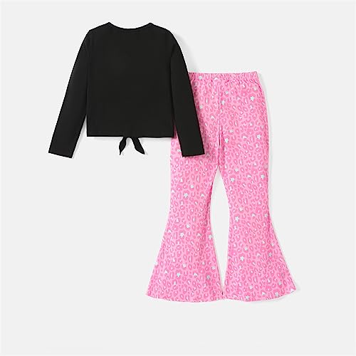 L.O.L. Surprise! Girls 2 Piece Outfits Tie Knot Long Sleeve Tee Top and Heart Pink Bell Bottom Flared Pants Set Black 5-6 Years