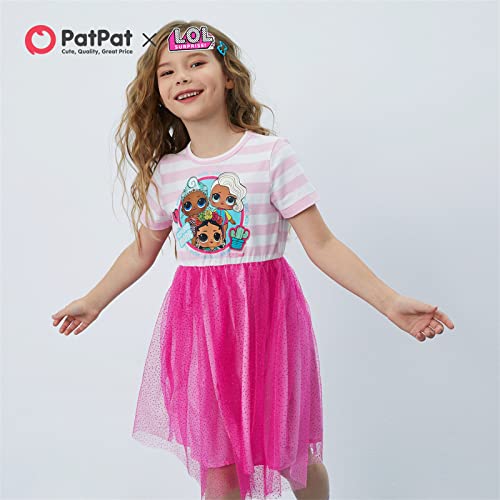 L.O.L. Surprise! Kid Girls Striped Glitter Design Short Sleeve Tutu Dress Tulle Princess Dress Party Birthday 11-12 Years Pink