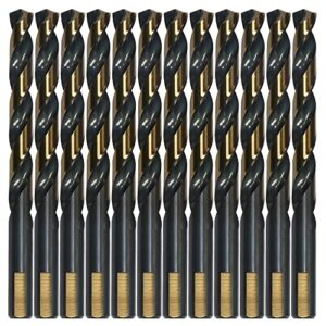 valyriantool 12pcs 1/4" hss black gold twist drill bits set, 135 degree split point, jobber metal drill bit, general purpose for use in mild steel, copper, aluminum, zinc alloy, wood, and plastic