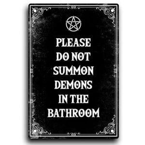 irisivita spooky metal sign, please do not summon demons in the bathroom, gothic bathroom decor wall art, halloween decorations indoor, witchy room decor, goth room decor, funny bathroom decor