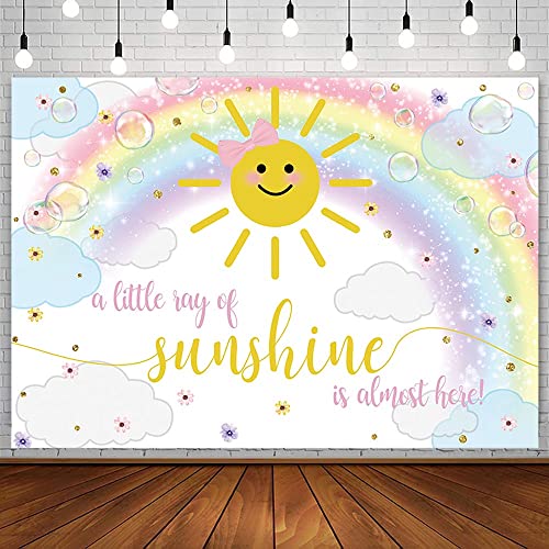 Sendy 7x5ft Rainbow Sunshine Baby Shower Backdrop A Little Ray of Sunshine is Almost Here Oh Baby Party Decorations Banner Cloud Bubble Gold Glitter Photography Background Cake Table Props Supplies