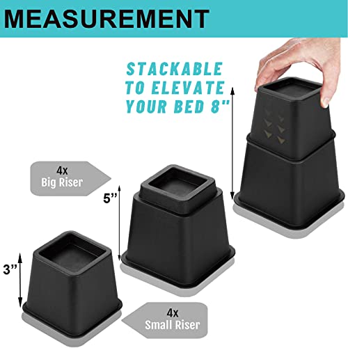 HOLDN’ STORAGE Adjustable Bed Risers and Furniture Risers - Stackable Bed Lift 3, 5, or 8 Inch - Set of 4 Bed Risers 8 inch Heavy Duty - Perfect for College Dorms – Fits Legs up to 7.5” W