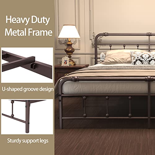 Debercu King-Size-Bed-Frame with-Headboard and Footboard - No Box Spring Need,Victorian Vintage Heavy Duty Metal Platform Mattress Foundation(Brown)