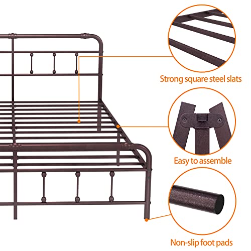 Debercu King-Size-Bed-Frame with-Headboard and Footboard - No Box Spring Need,Victorian Vintage Heavy Duty Metal Platform Mattress Foundation(Brown)