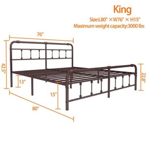 Debercu King-Size-Bed-Frame with-Headboard and Footboard - No Box Spring Need,Victorian Vintage Heavy Duty Metal Platform Mattress Foundation(Brown)