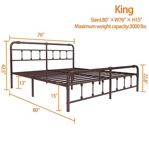 Debercu King-Size-Bed-Frame with-Headboard and Footboard - No Box Spring Need,Victorian Vintage Heavy Duty Metal Platform Mattress Foundation(Brown)