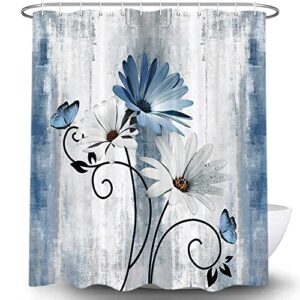 VeiVian Rustic Farmhouse Shower Curtain, Farm Blue Daisy Floral Flowers and Butterfly on Country Wooden Shower Curtain for Bathroom with 12PCS Hooks, 70X70IN, Turquoise Blue