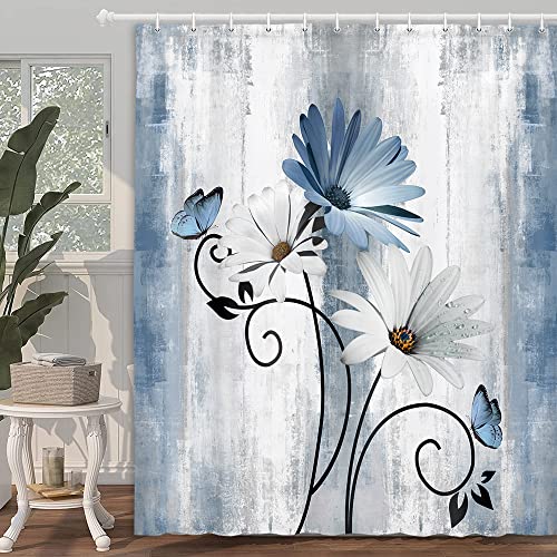 VeiVian Rustic Farmhouse Shower Curtain, Farm Blue Daisy Floral Flowers and Butterfly on Country Wooden Shower Curtain for Bathroom with 12PCS Hooks, 70X70IN, Turquoise Blue